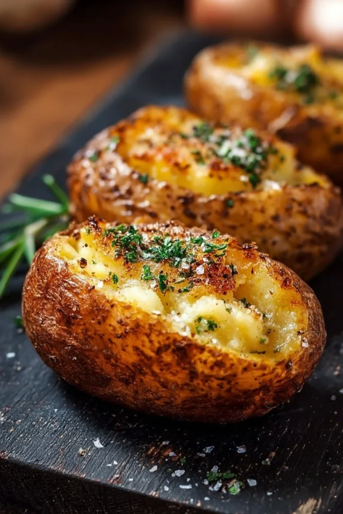 Delicious restaurant-style baked potatoes topped with butter and herbs.