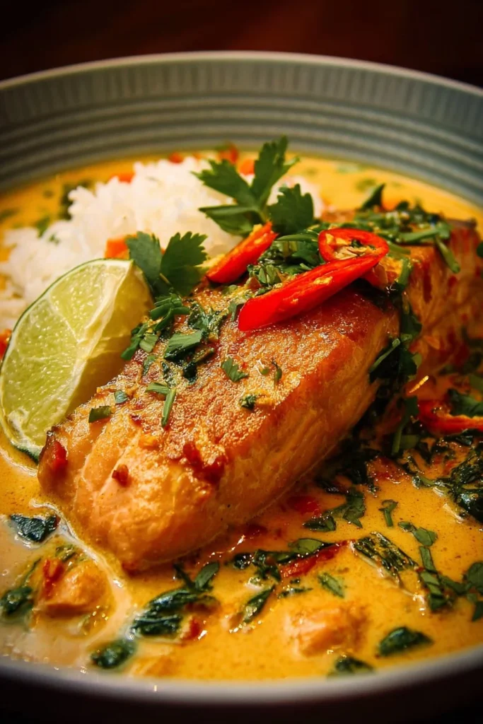 Salmon fillet served in creamy Thai-Style Coconut Curry with herbs and spices