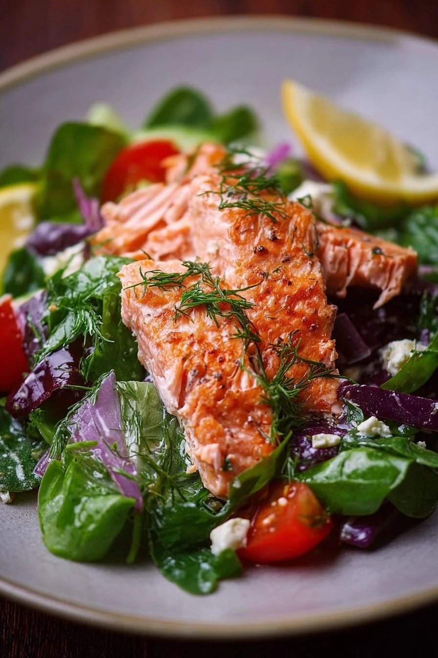 Delicious salmon salad with fresh vegetables and dressing