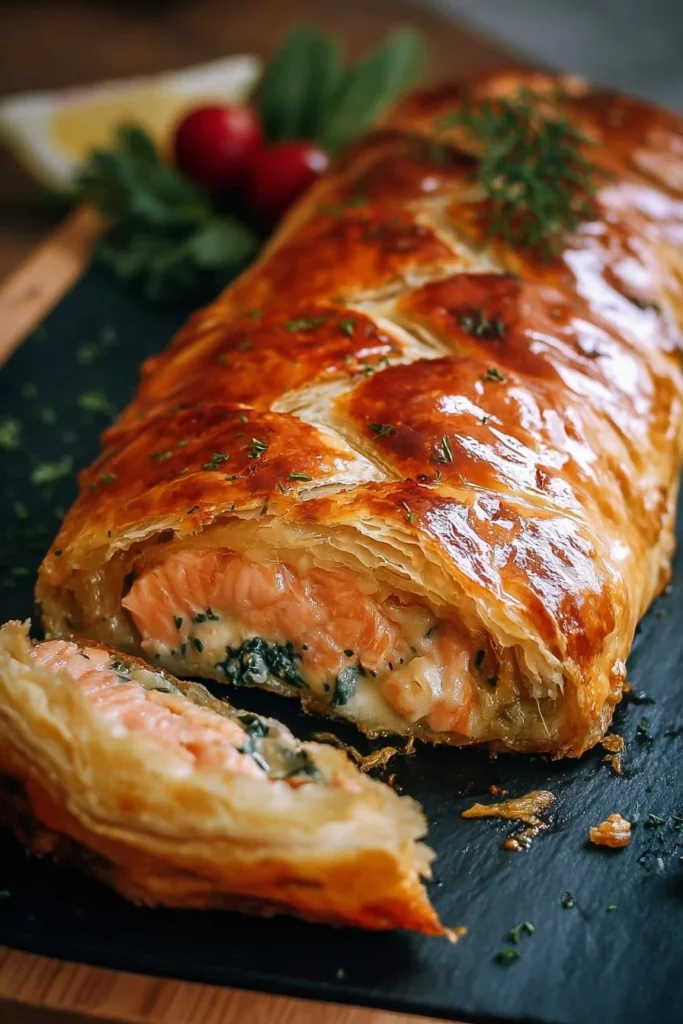 Delicious Salmon Wellington served on a plate, showcasing flaky pastry and fresh salmon.