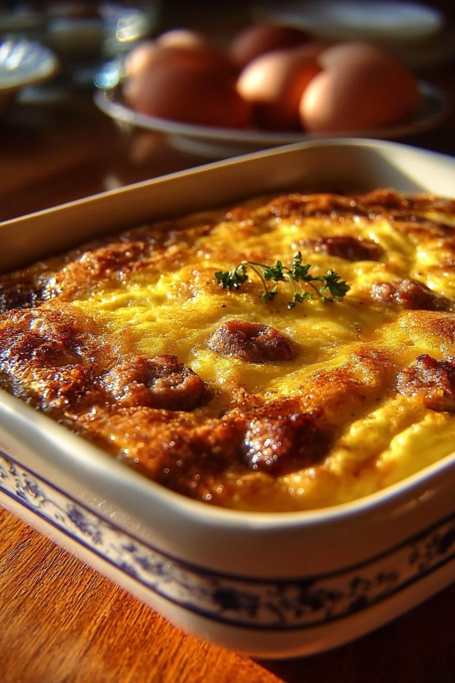 Delicious Sausage and Egg Casserole topped with herbs and cheese