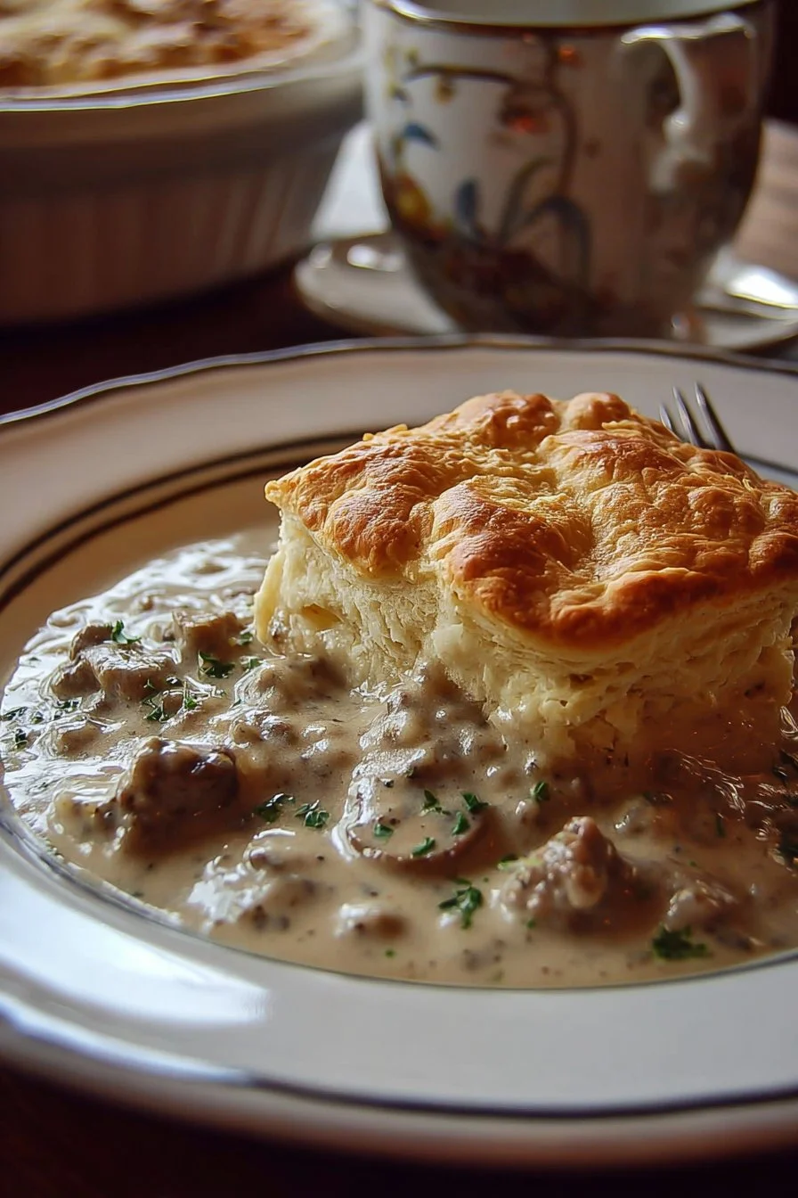 Sausage gravy served over biscuit pie, showcasing a delicious southern comfort food dish.