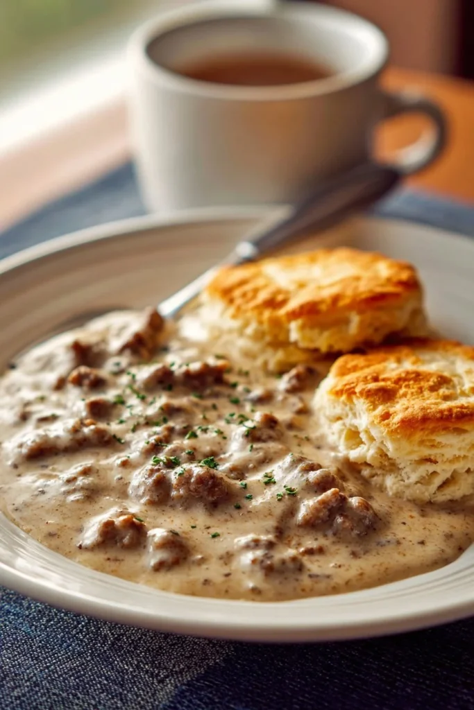 Delicious sausage gravy served over homemade biscuits on a plate