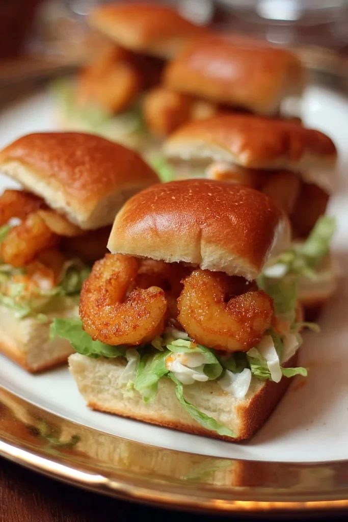 Shrimp Po' Boy Sliders served on a platter with fresh ingredients and toppings