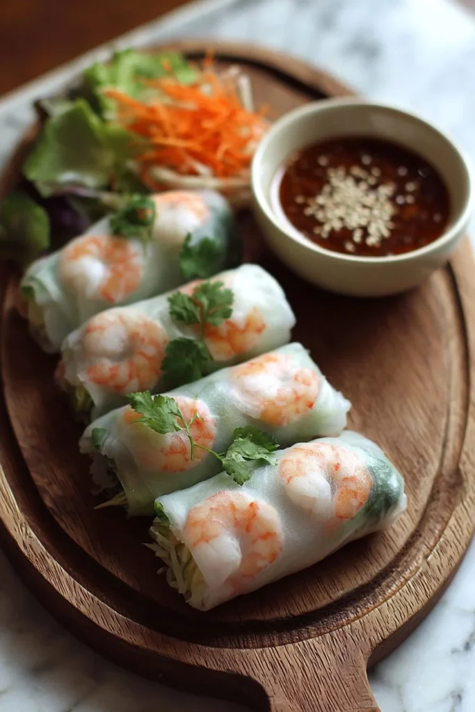 Plate of freshly made shrimp spring rolls with dipping sauce