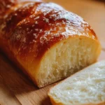 Loaf of simple homemade bread sliced and served on a wooden cutting board.