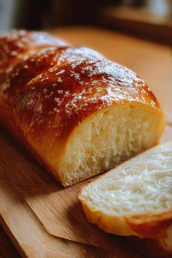 Loaf of simple homemade bread sliced and served on a wooden cutting board.