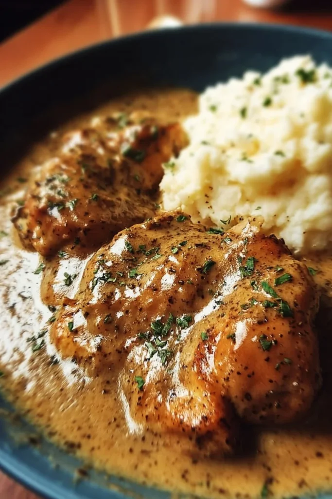 Pan-seared chicken topped with rich gravy in a skillet.