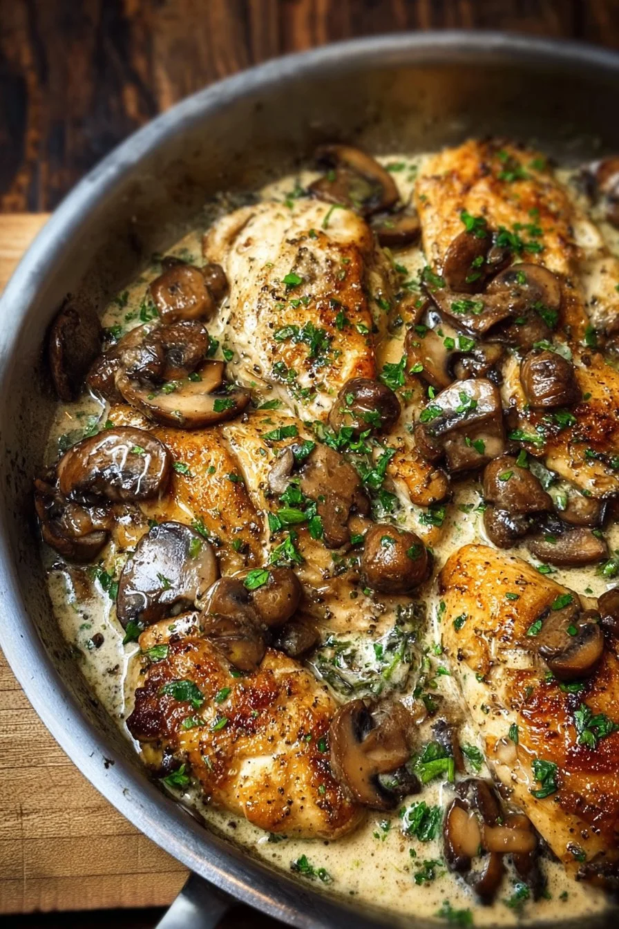 Skillet Chicken with Mushrooms and Cream Sauce served in a pan