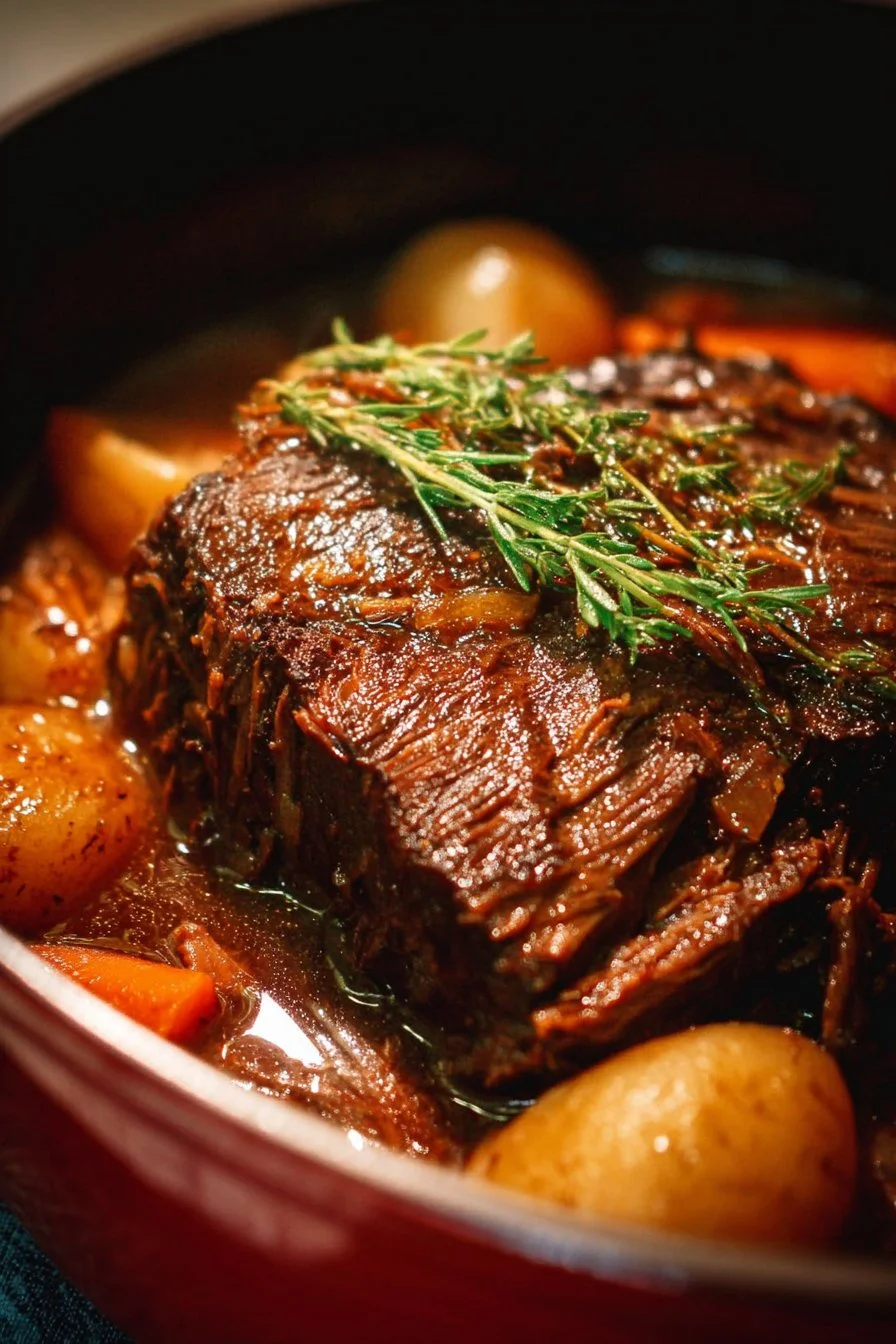 Slow-braised Dutch oven pot roast cooked to perfection with vegetables.
