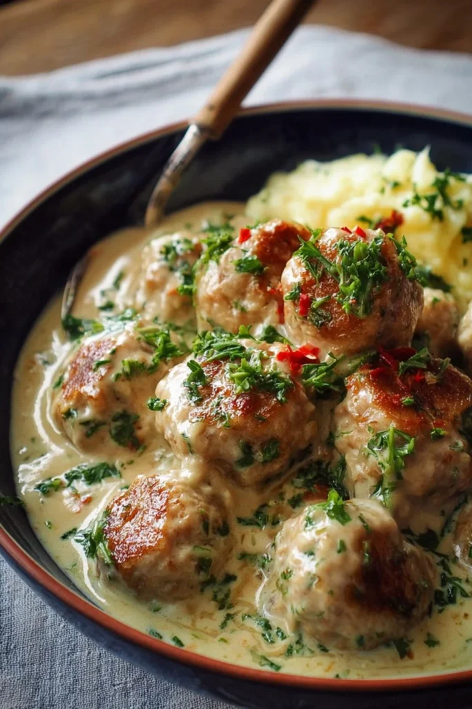 Slow-cooked chicken meatballs in creamy garlic sauce served in a bowl