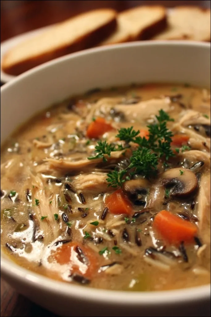 Slow-cooker chicken soup with mushrooms and wild rice in a bowl