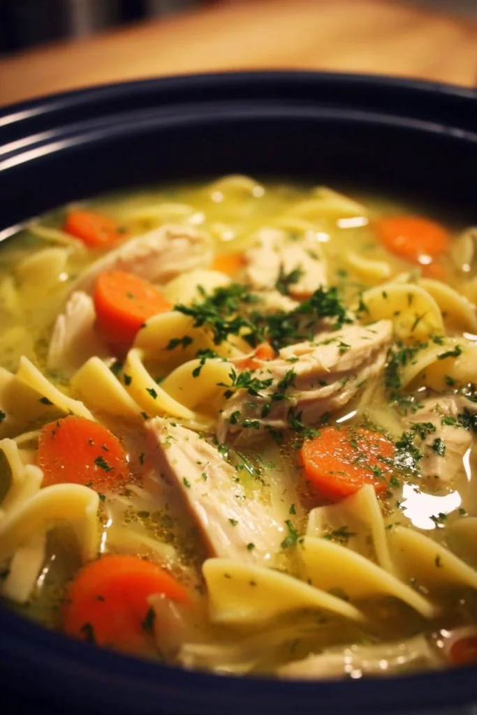 Bowl of slow cooker chicken noodle soup with fresh herbs and noodles