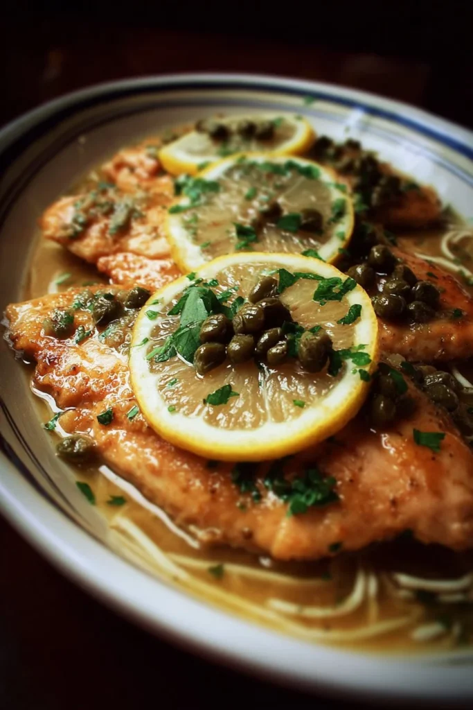 Slow-cooker chicken piccata served with capers and lemon garnish