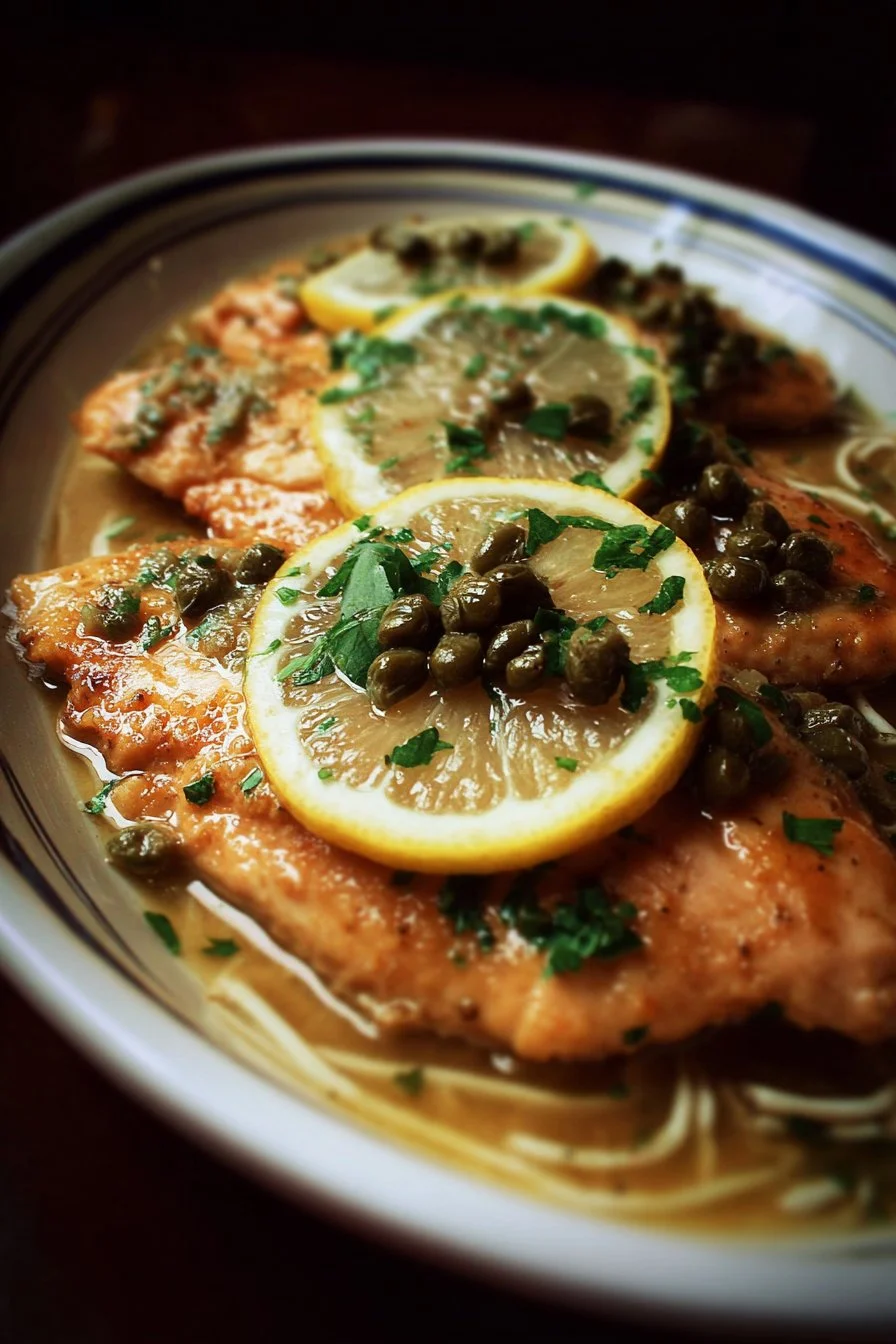 Slow-cooker chicken piccata served with capers and lemon garnish