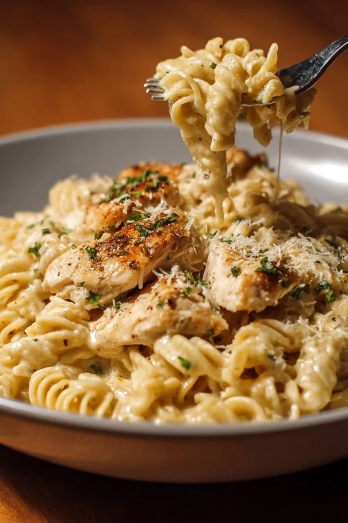 Slow-cooked creamy garlic parmesan chicken pasta dish garnished with herbs
