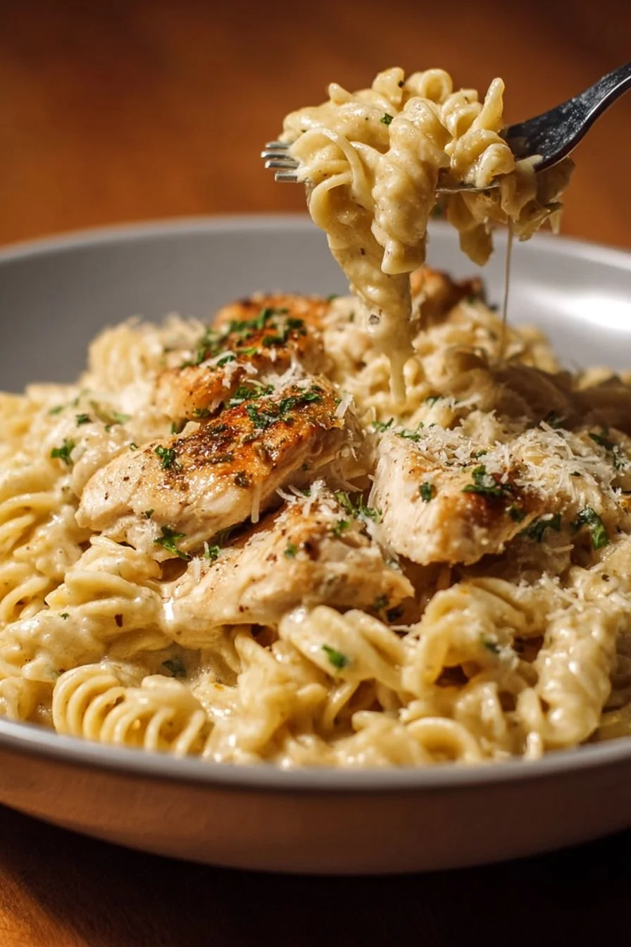 Slow-cooked creamy garlic parmesan chicken pasta dish garnished with herbs