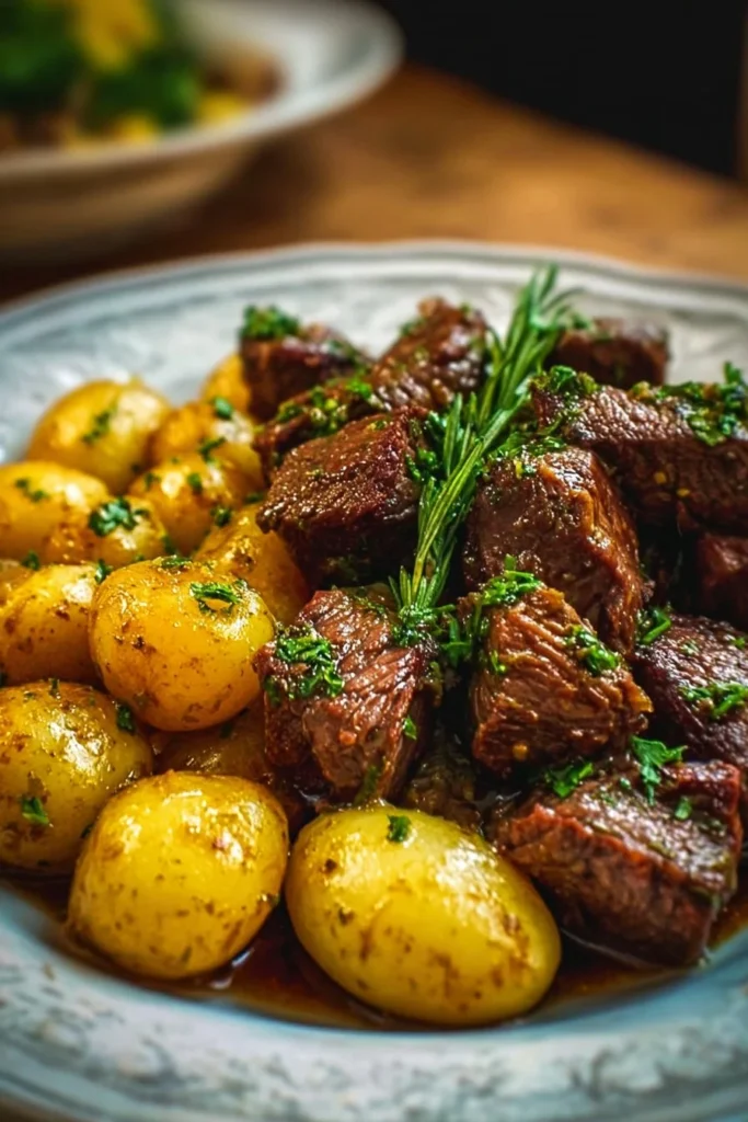 Delicious slow-cooker garlic butter beef served with hearty potatoes.