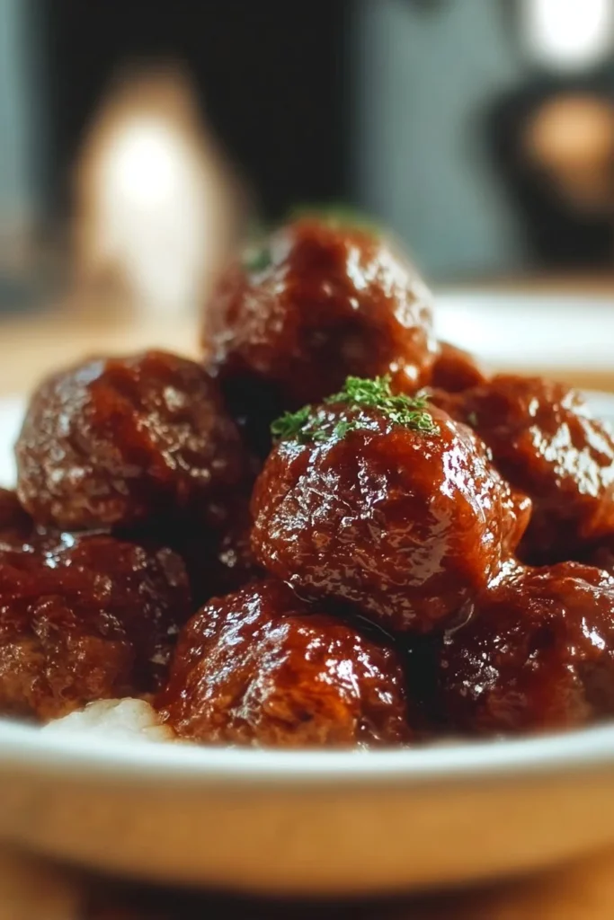 Slow cooker honey bourbon meatballs served in a bowl with sauce