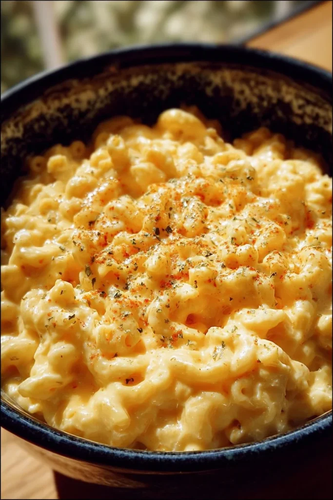 Slow cooker mac and cheese in a bowl topped with cheese and herbs
