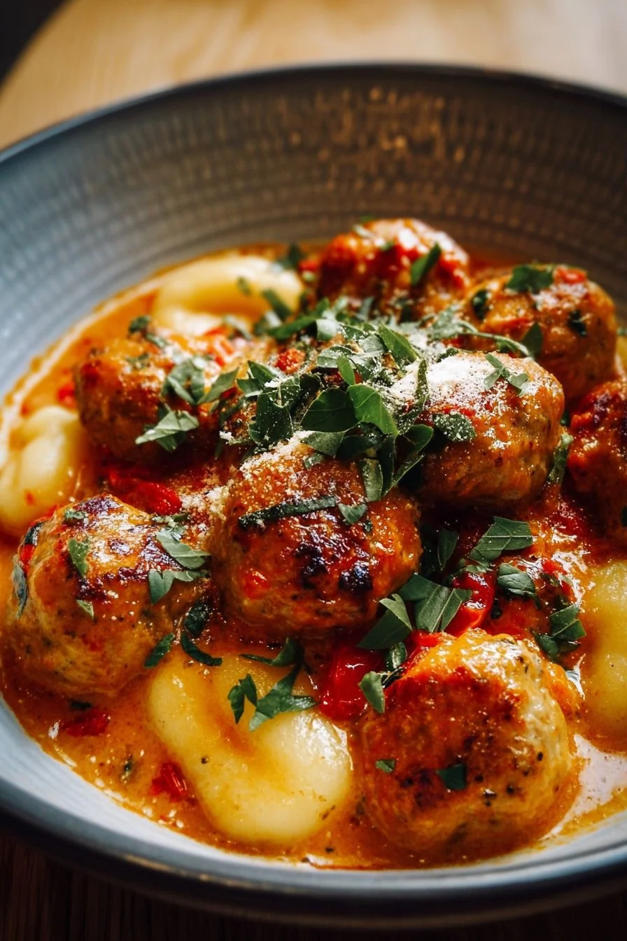 Delicious Slow Cooker Tuscan Chicken Meatballs served with Gnocchi
