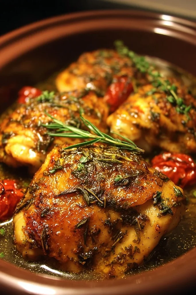 Delicious Slow-Cooker Tuscan Garlic Chicken garnished with herbs