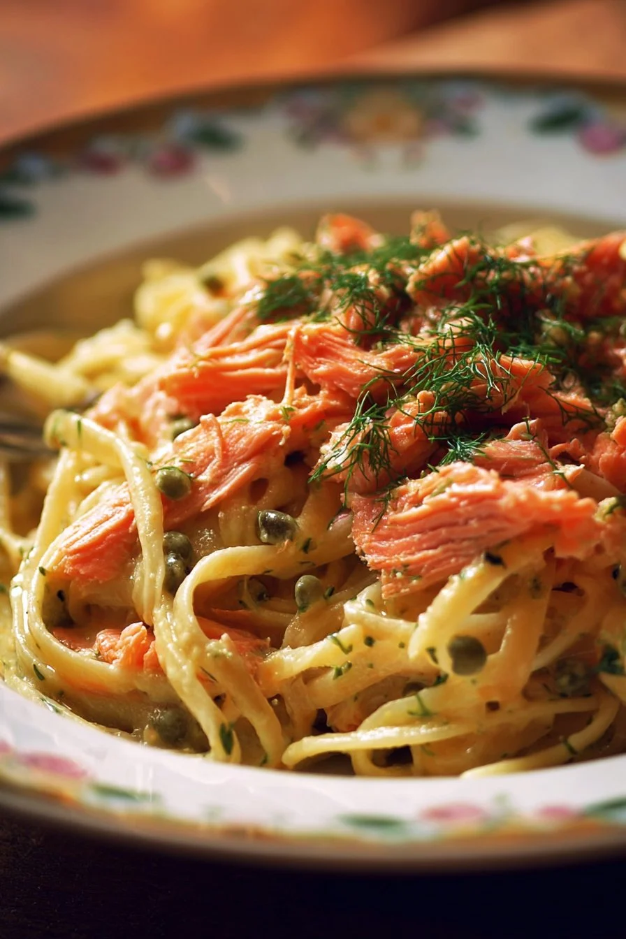 Delicious plate of smoked salmon linguine garnished with herbs