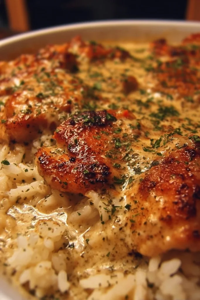 Delicious Smothered Chicken and Rice Bake topped with creamy sauce and herbs.