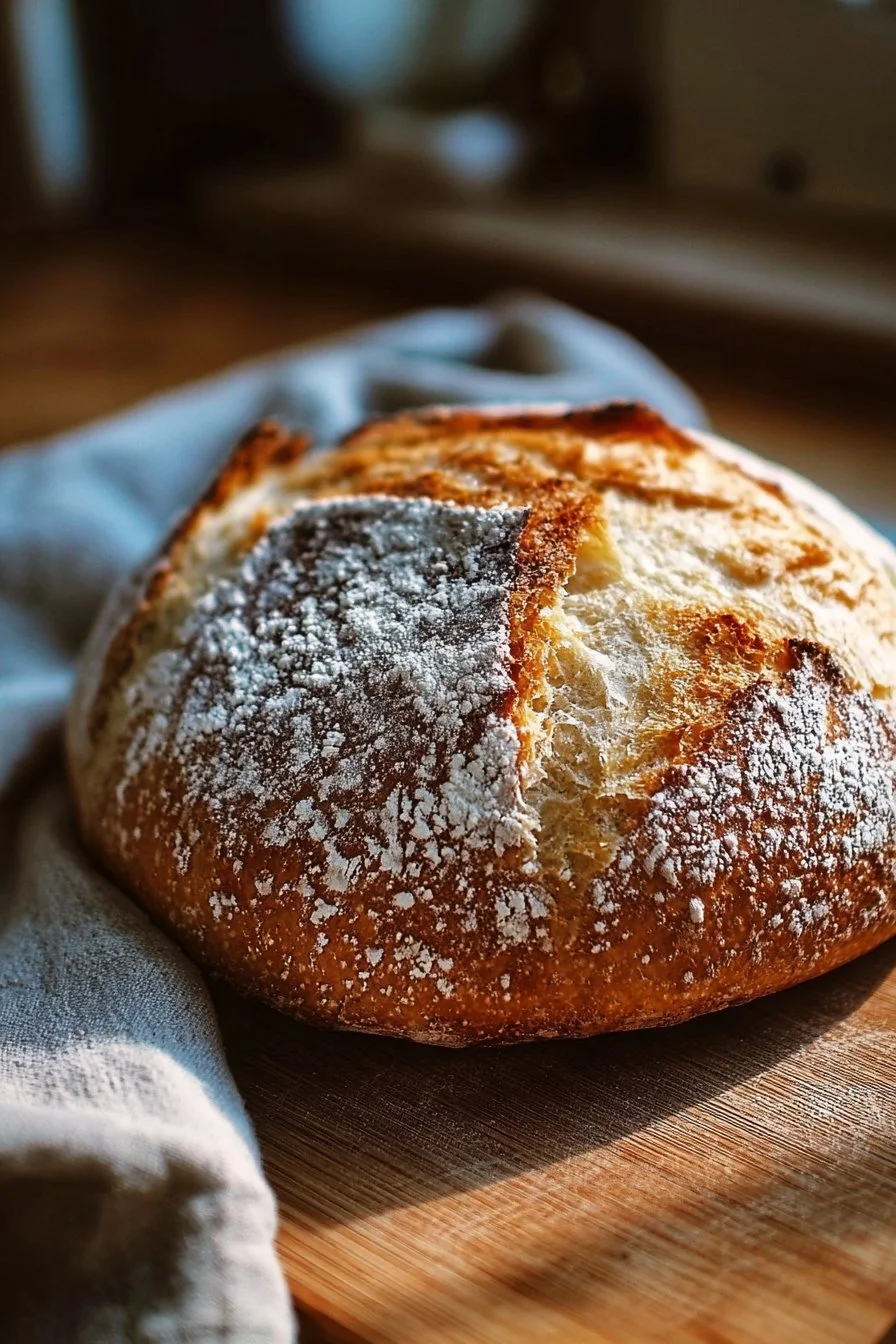 Freshly baked sourdough bread on a wooden cutting board.