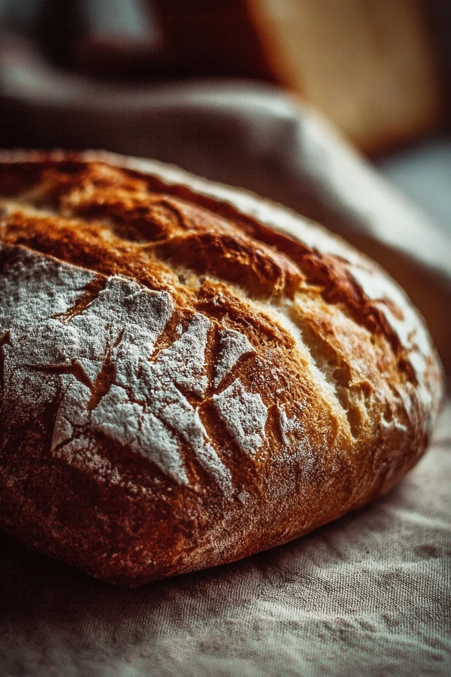 Loaf of freshly baked sourdough bread on a wooden table