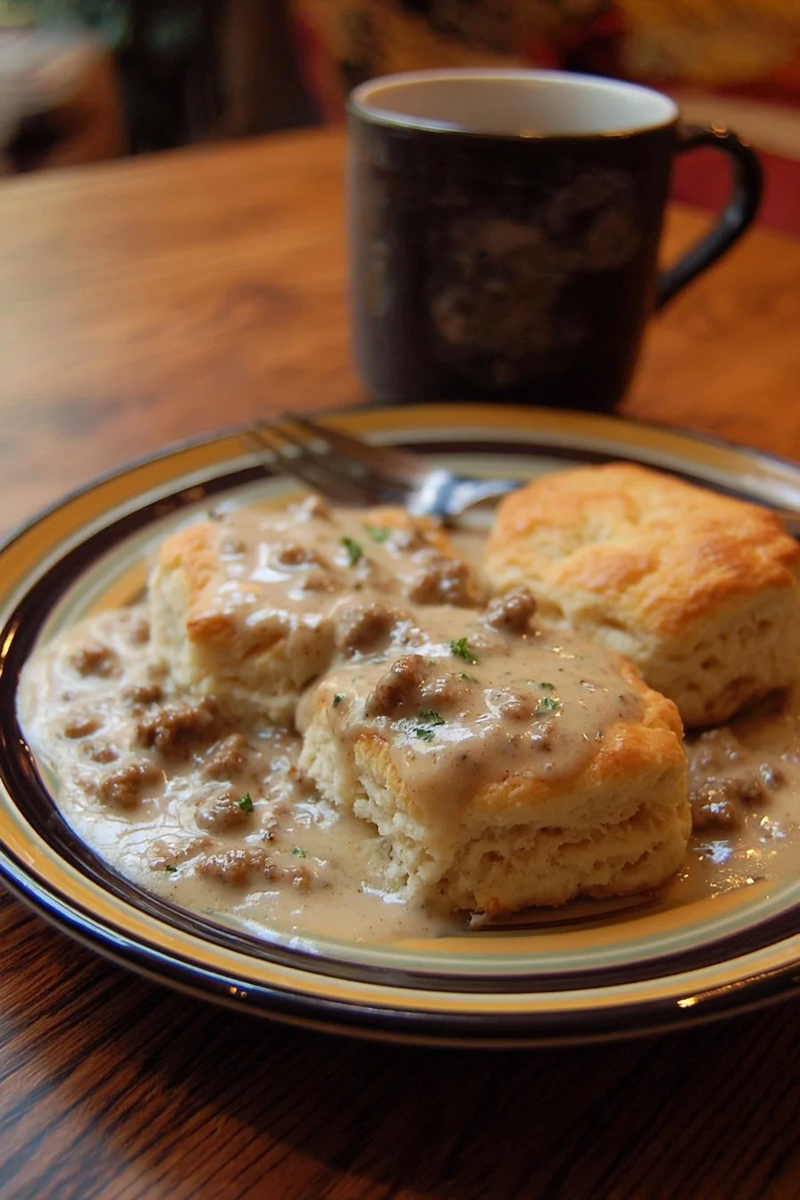 Southern biscuits served with sausage gravy in a white bowl.