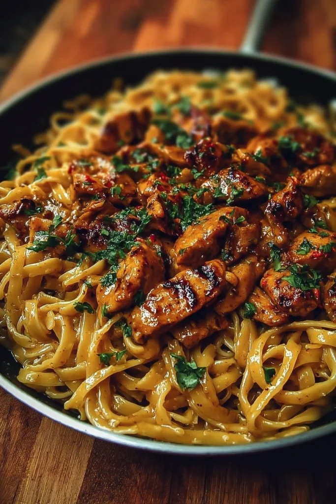 Spicy Cajun honey butter chicken pasta served in a bowl garnished with parsley.
