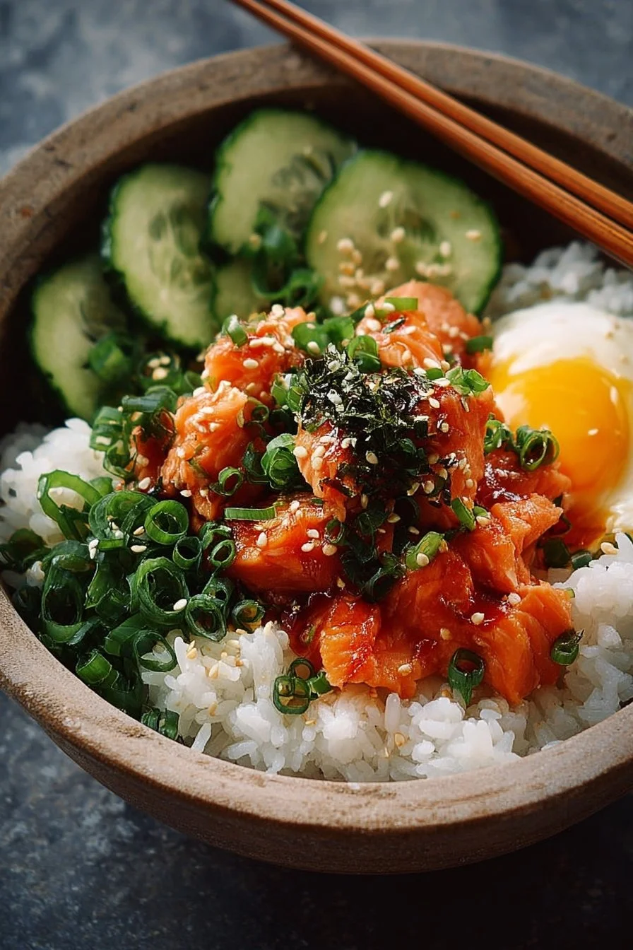 Delicious spicy canned salmon rice bowl garnished with fresh vegetables