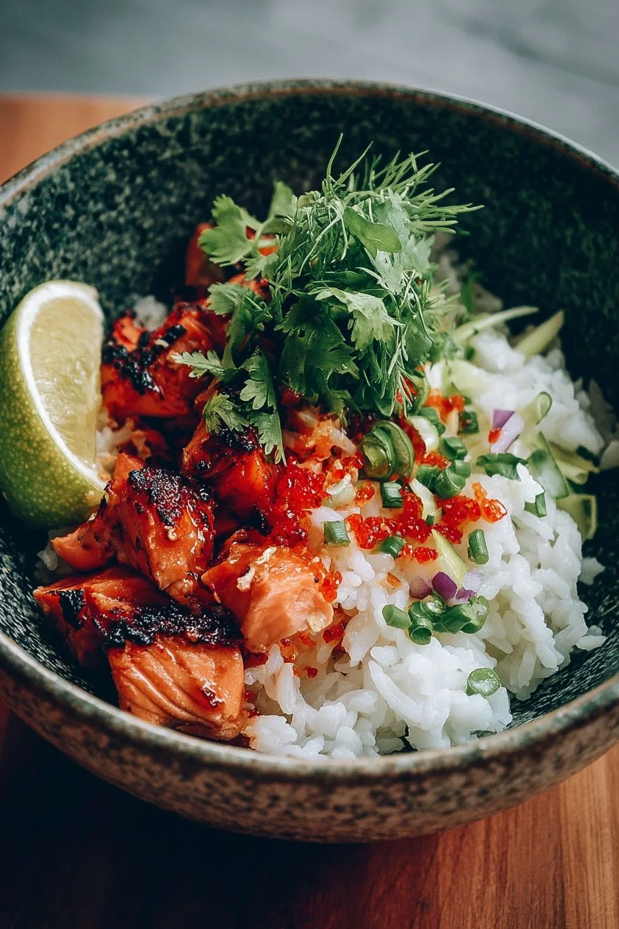 Spicy salmon bowl served with creamy coconut rice and colorful vegetables.