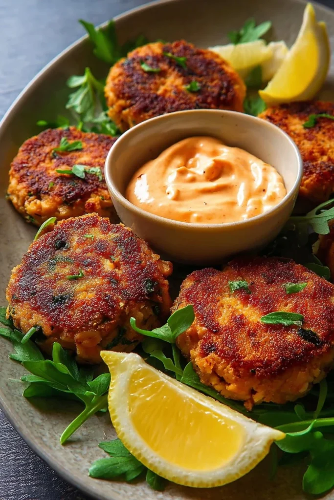 Spicy salmon cakes served with Sriracha aioli on a plate