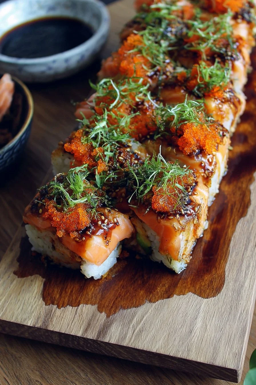 Delicious Spicy Salmon Sushi Bake served in a white dish with garnishes