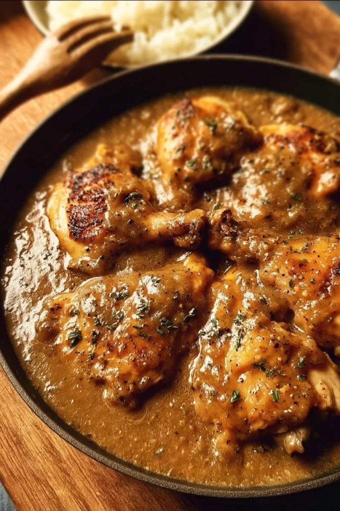Delicious stovetop chicken and gravy served in a bowl