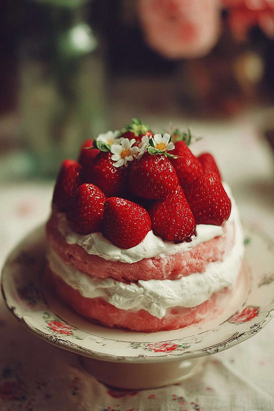 Delicious homemade strawberry cake topped with fresh strawberries