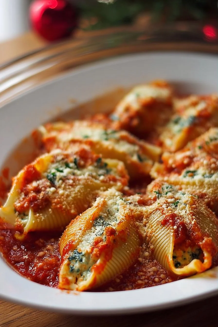 Plate of delicious stuffed shells filled with cheese and herbs