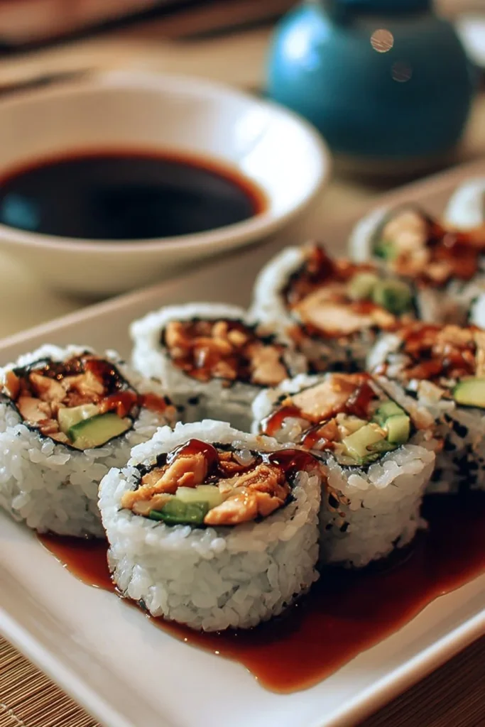 Teriyaki chicken sushi rolls with a scrumptious glaze and fresh ingredients