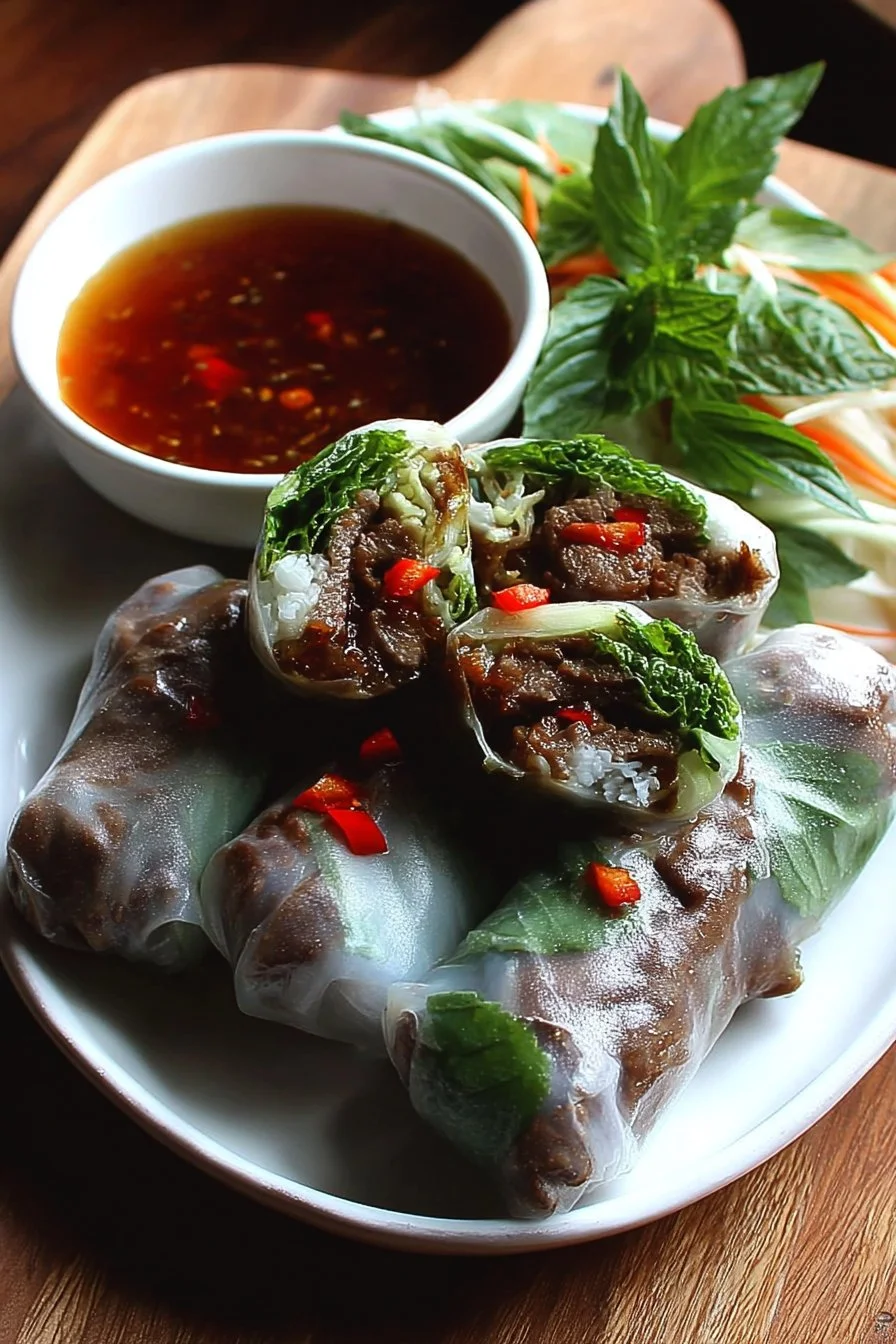 Thai Basil Beef Rolls served with fresh vegetables