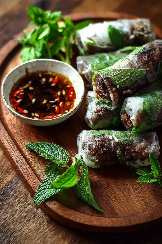 Delicious Thai Basil Beef Rolls garnished with fresh basil and spices