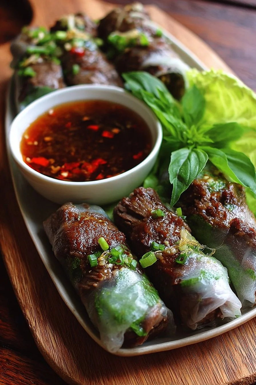 Delicious Thai Basil Beef Rolls served with fresh herbs and spices.