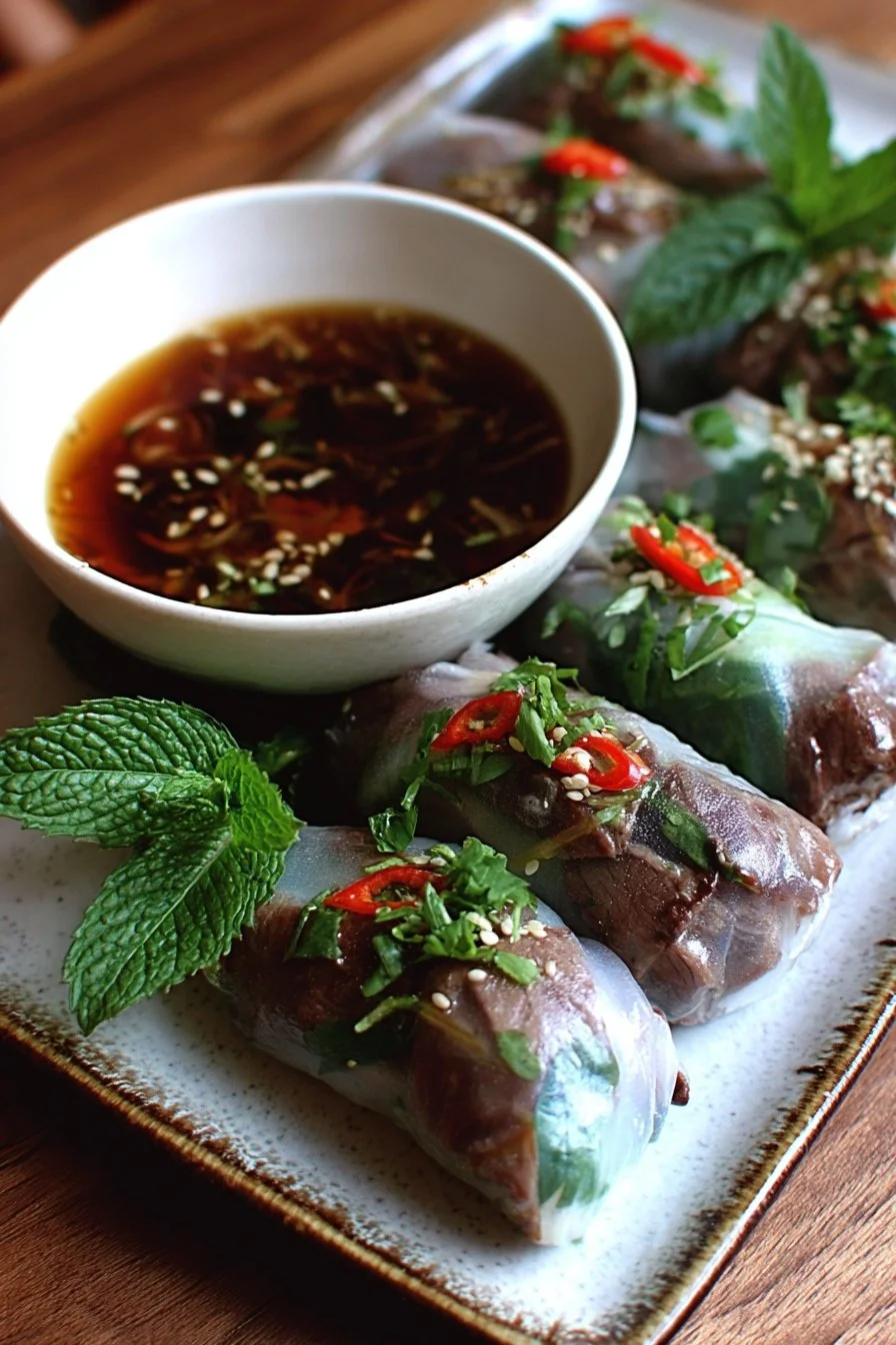 A plate of Thai Basil Beef Rolls garnished with fresh herbs and served with dipping sauce.