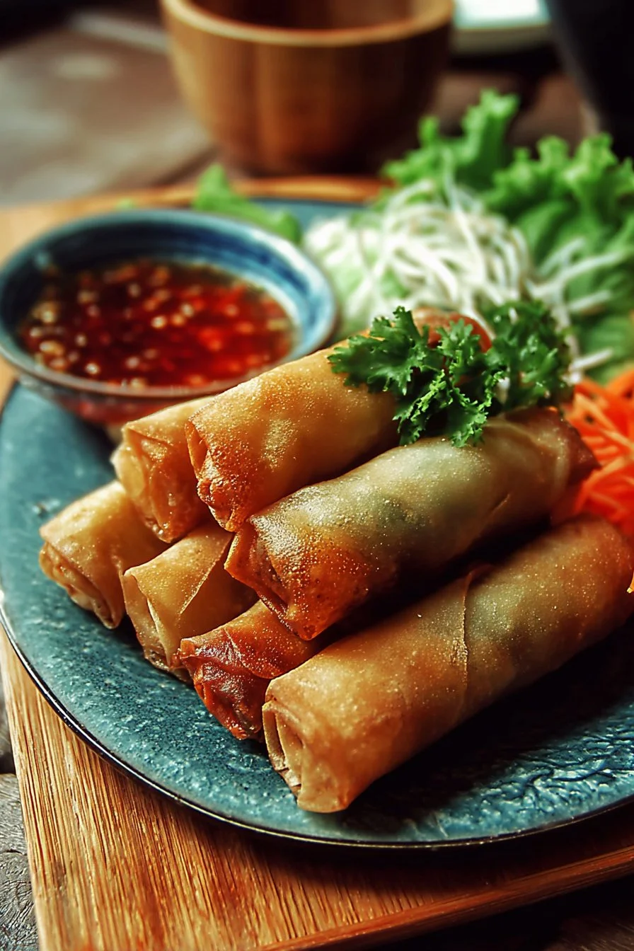 Delicious Thai spring rolls served with dipping sauce