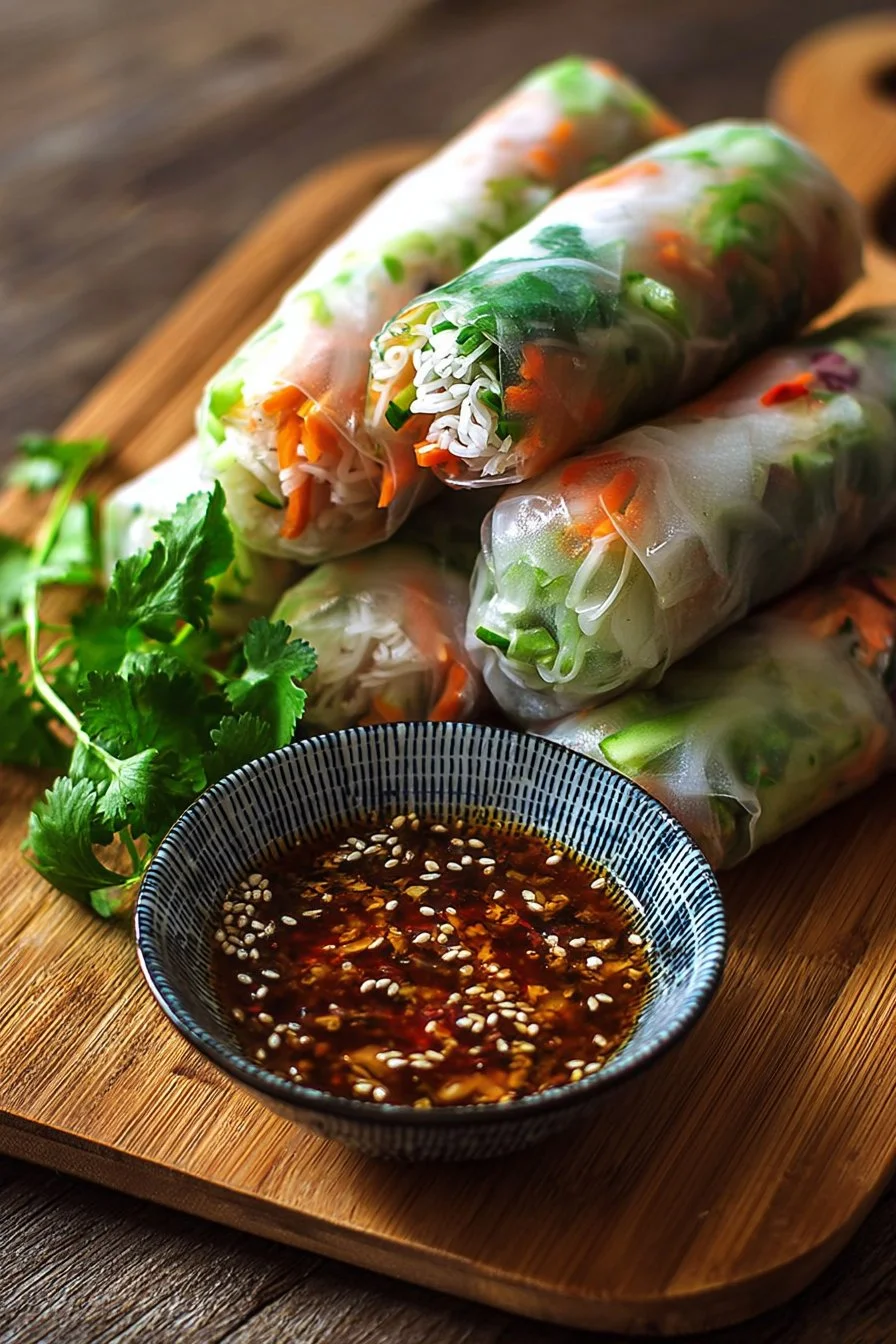 Thai-style veggie spring rolls filled with fresh vegetables and herbs