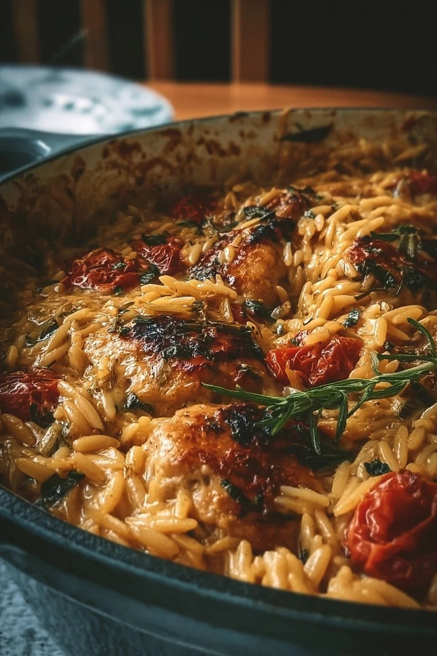 Baked Tuscan chicken orzo with fresh herbs in a serving dish