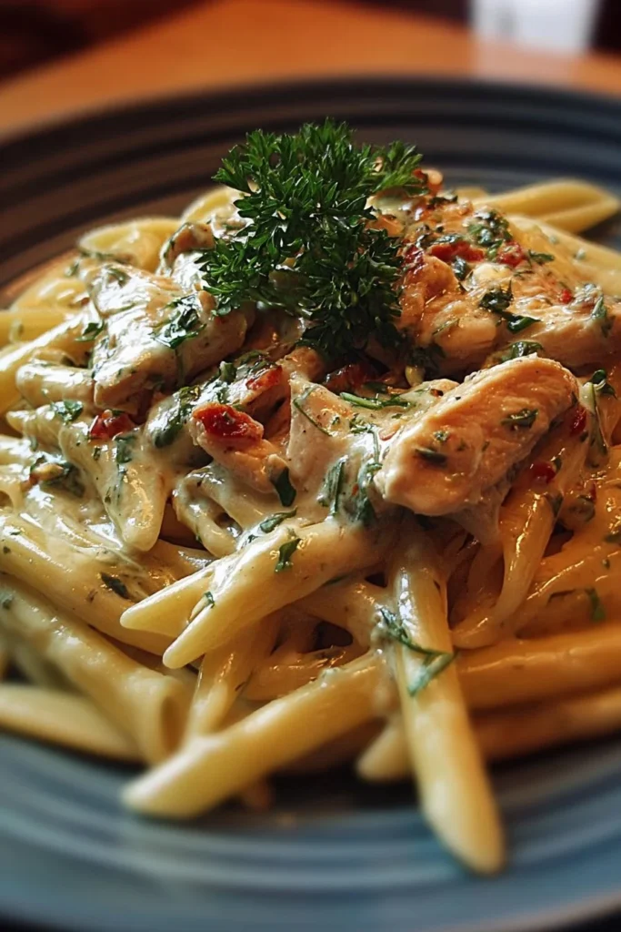Delicious Tuscan-Style creamy chicken pasta garnished with herbs and cheese