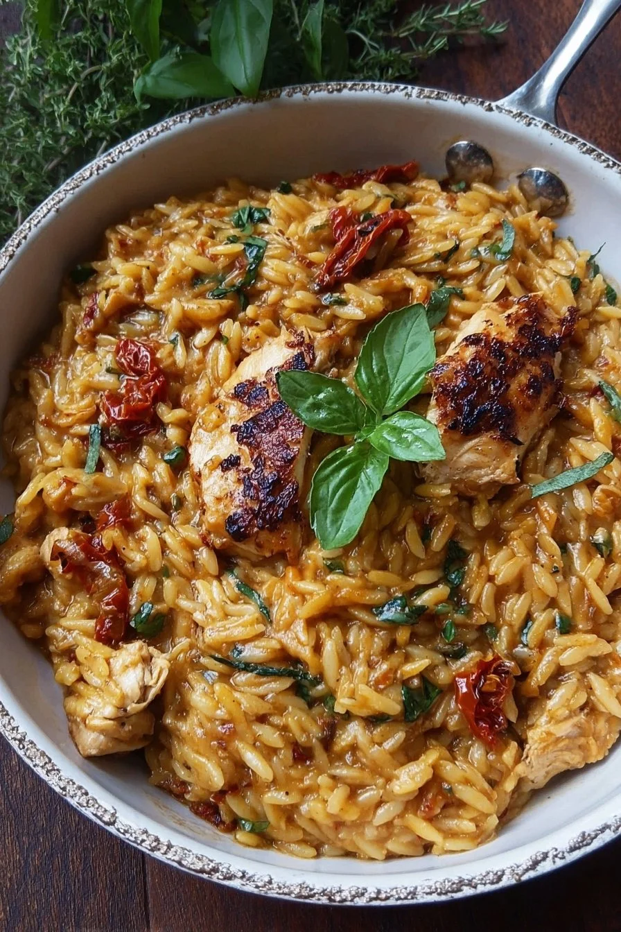 Creamy sun-dried tomato chicken orzo served in a bowl with fresh herbs