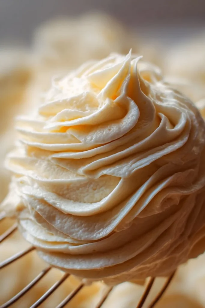 Vanilla American Buttercream Frosting in a mixing bowl with a spatula.